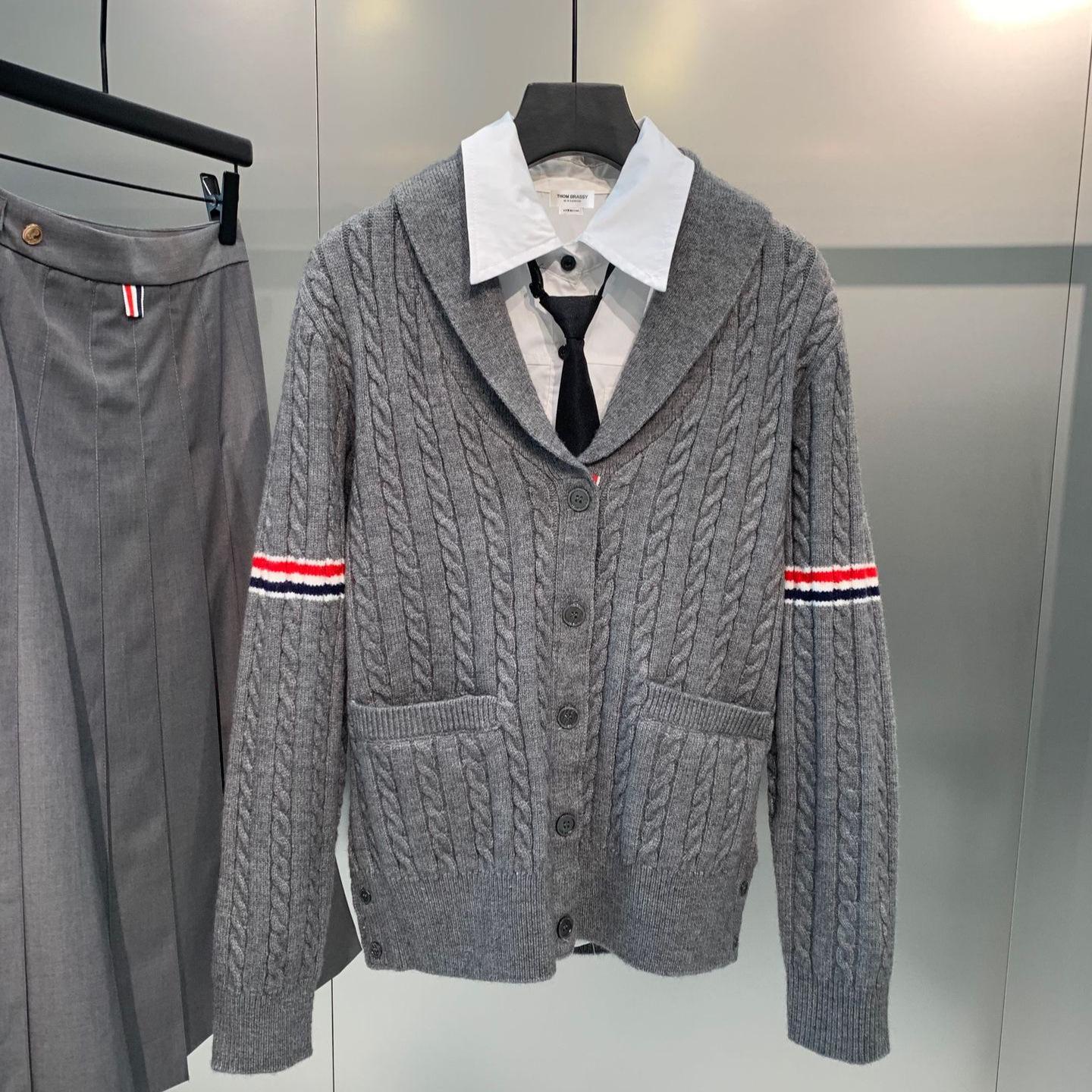 

THOM BRASSY 1884 Red, Blue & White Striped Cable Knit Cardigan In Stock серый