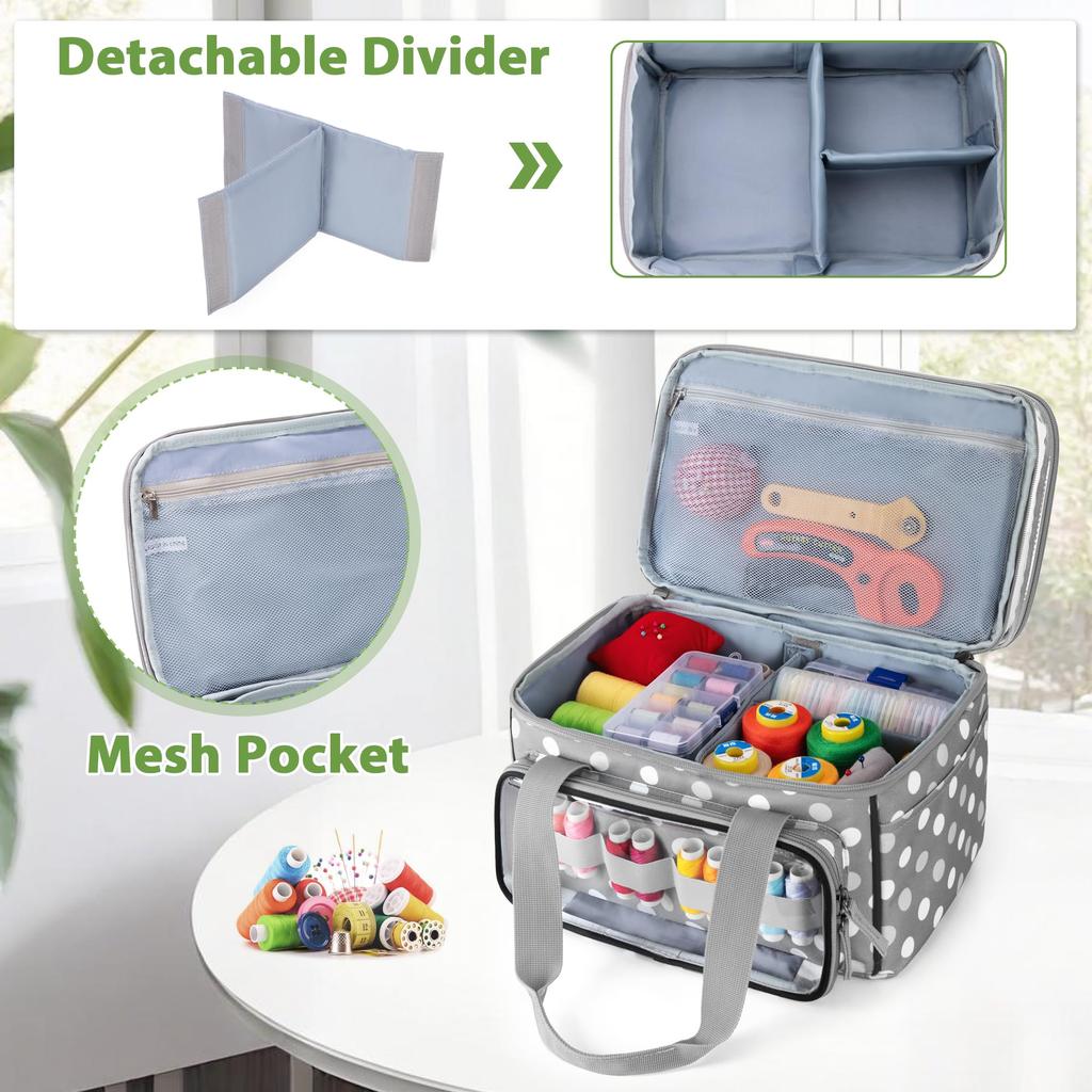Luxja Sewing Large with Clear Compartment and Removable Perfect for Sewing Tool Storage and Bag Gray Dot Box/Sewing Bag, Double-Layered, Capacity,
