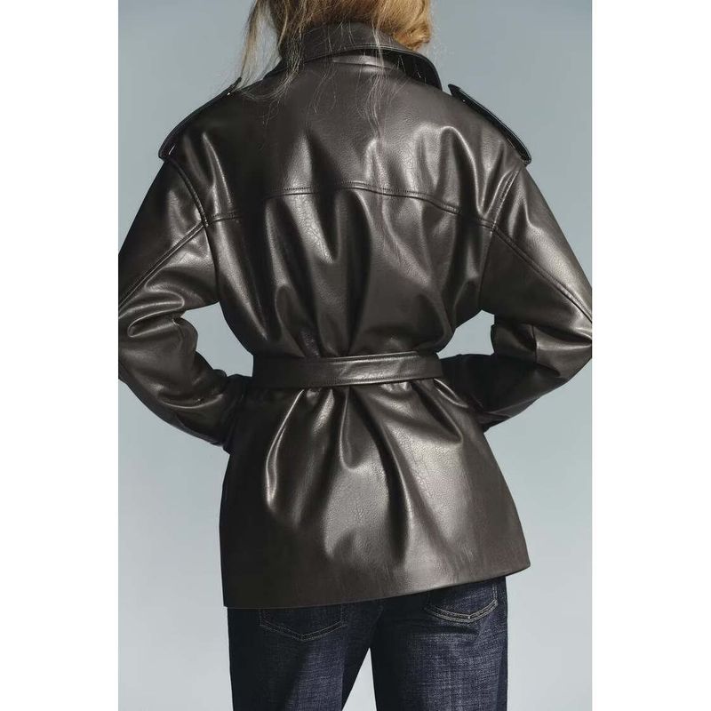 Za Export New Arrival Women's Clothing ZR Fashion Style Fashion Sense Versatile Pocket Decoration Imitation Leather Jacket Outwear 4341766