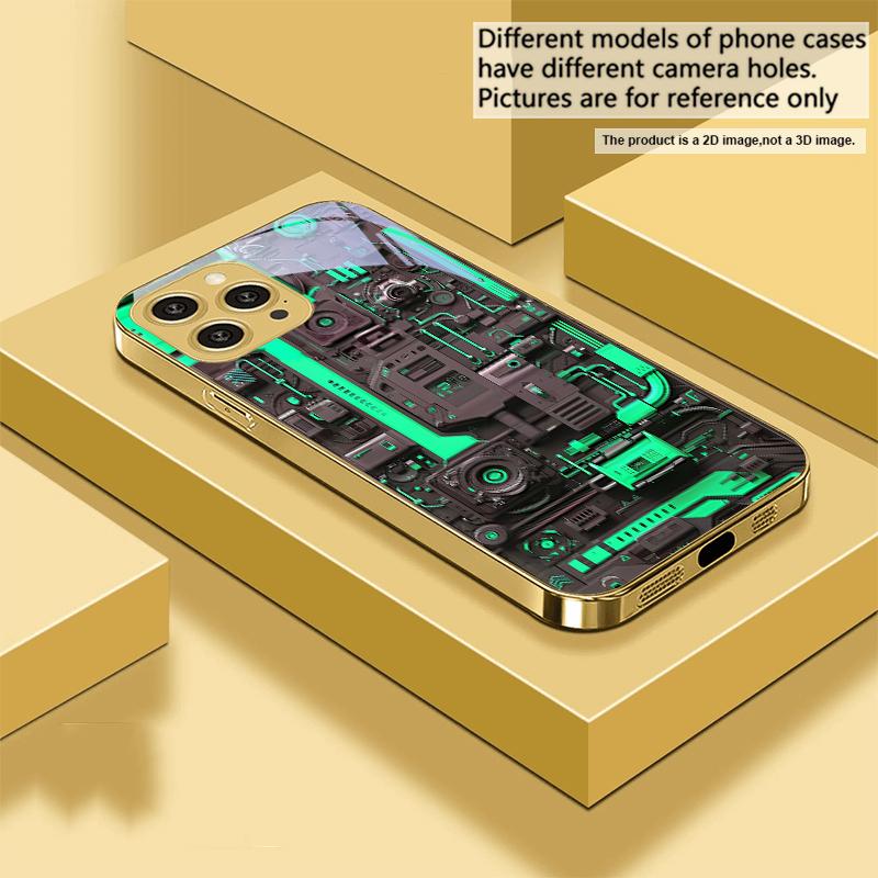 Yellow circuit board For IPhone 16 16Pro Max 15 P ro 14 13 Plus 12 Mini 11Pro Max XS Max XR Golden tempered glass phone case