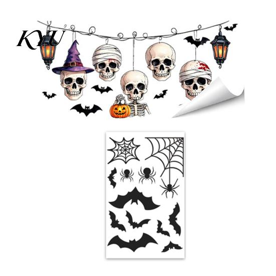 Holiday Party Window Accents Halloween Clings, Pumpkins Skeletons Ghosts And Bats Print Decorative Skeleton Wall Decals Decals, Electrostatic