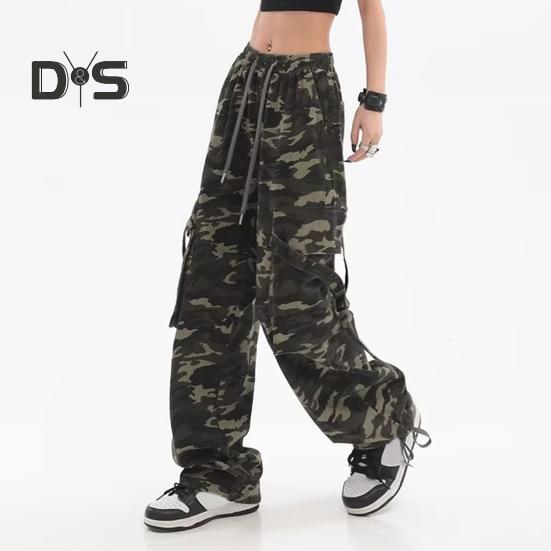 

Жіночі штани-карго з камуфляжним принтом і кількома кишенями, шнурівкою, довгі штани, прямі широкі брюки, шорти для вулиць M