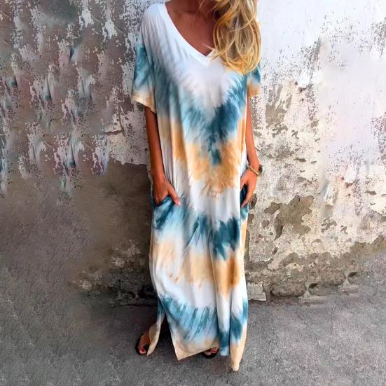 

Женское летнее платье с V-образным вырезом и градиентом цветных блоков Свободный пуловер с короткими рукавами Тонкая длина до щиколотки с разрезом подол Повседневное повседневное платье макси L черный серый