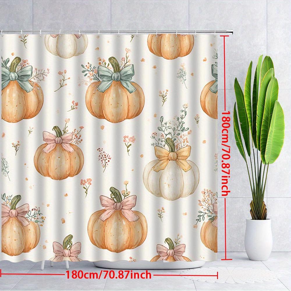 1Pc Watercolor Pumpkin Bow Shower Curtain - Orange Pumpkin With Pale Pink And Teal Bows, Delicate Floral Decoration, With Hook