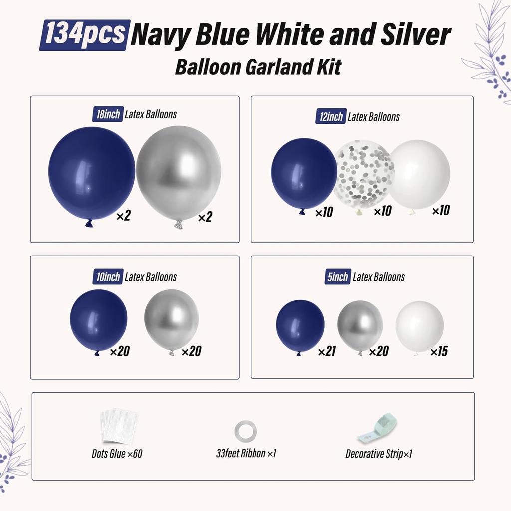 Navy Blue Silver Ballon Garland Arch Kit Royal Blue Metallic Silver White Balloons for Birthday Wedding Graduation Decorations