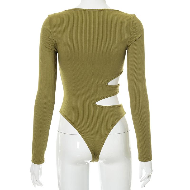 Women's autumn fashion slim fit solid color round neck hollow out long sleeved jumpsuit