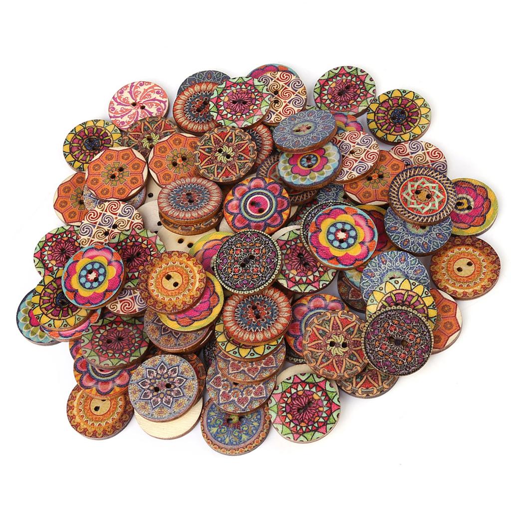 100 Pcs Mixed Pattern Vintage Wood Buttons with 2 Holes for DIY Sewing Craft Decorative 25mm