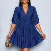 Women’s V Neck Tiered Mini Dress with Three Quarter Sleeve Loose Fit Casual Gathered Skirt Pullover Style