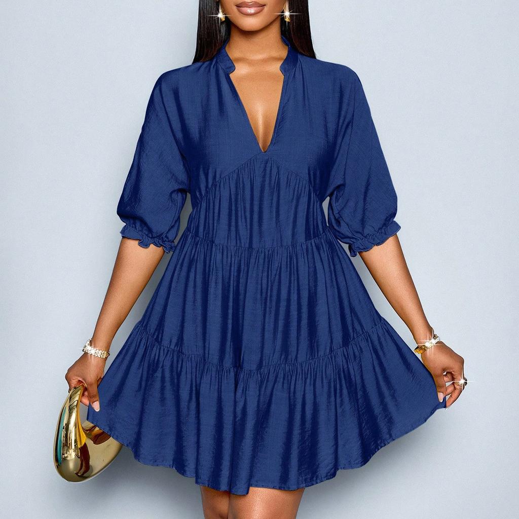 Women’s V Neck Tiered Mini Dress with Three Quarter Sleeve Loose Fit Casual Gathered Skirt Pullover Style