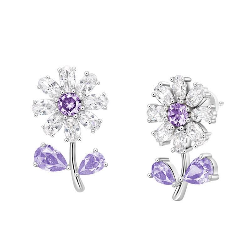 Huitan Bling Bling Flower Earrings Women Purple/Yellow Cubic Zirconia Aesthetic Floral Accessories Wedding Party Fashion