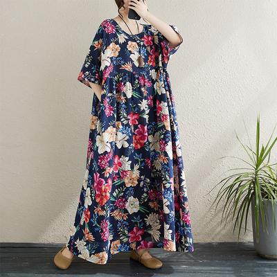 Simple Bohemian Dresses Women Summer O-neck Short Sleeve Floral Print Loose Navy Female Pockets Dresses