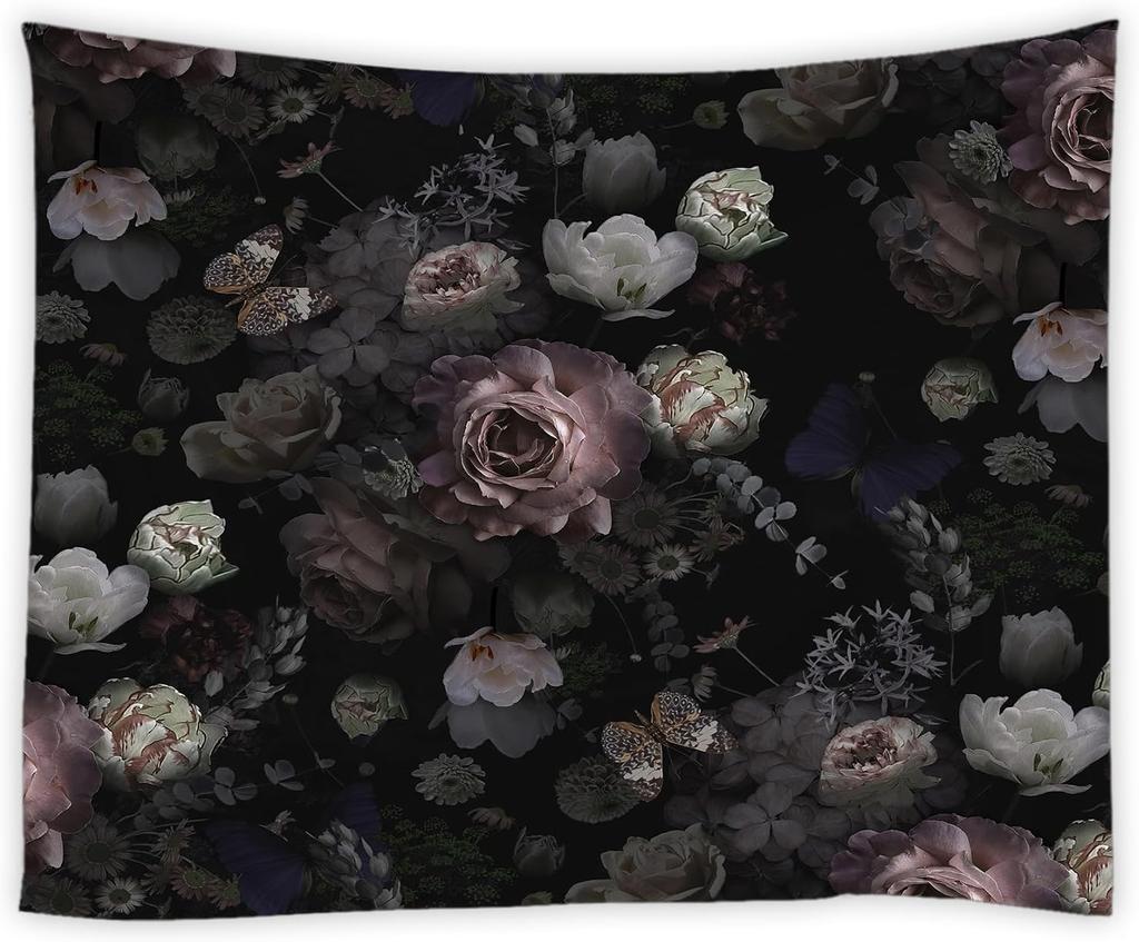Black Floral Tapestry Retro Flower Bloosom Rustic Rose Watercolor Peony Vintage Boho Gothic Spring Plant Leaves Home Decor Wall