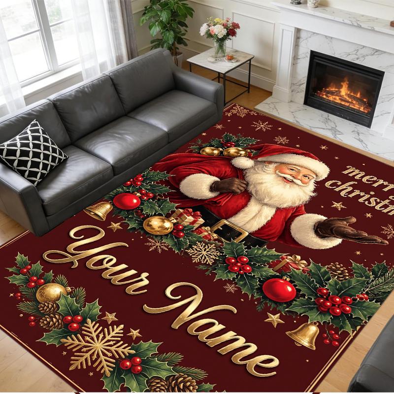 Christmas Custom Name Printed Square Area Rug Soft Non Slip Floor Carpet For Bedroom Holiday Gift