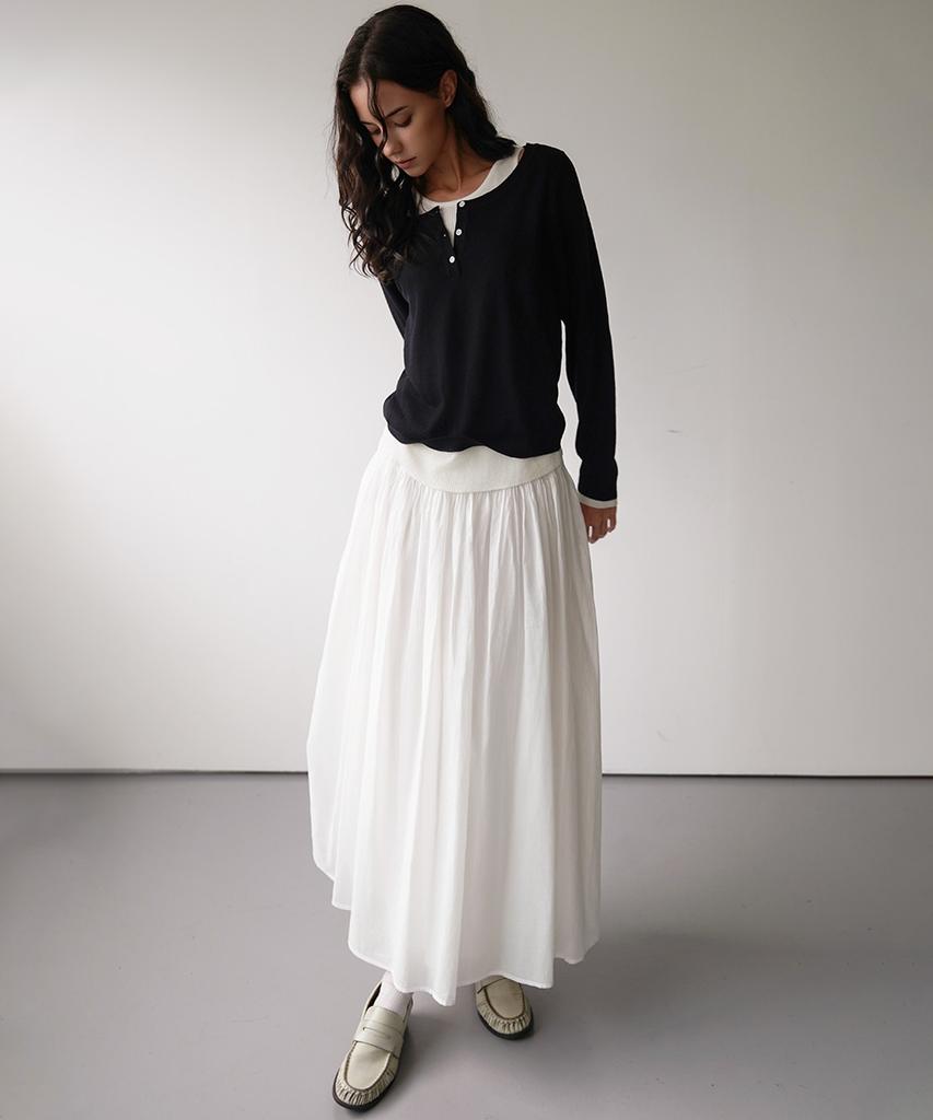 Cool Kitten Flare Long Skirt With Shirred Waist Detail (White)
