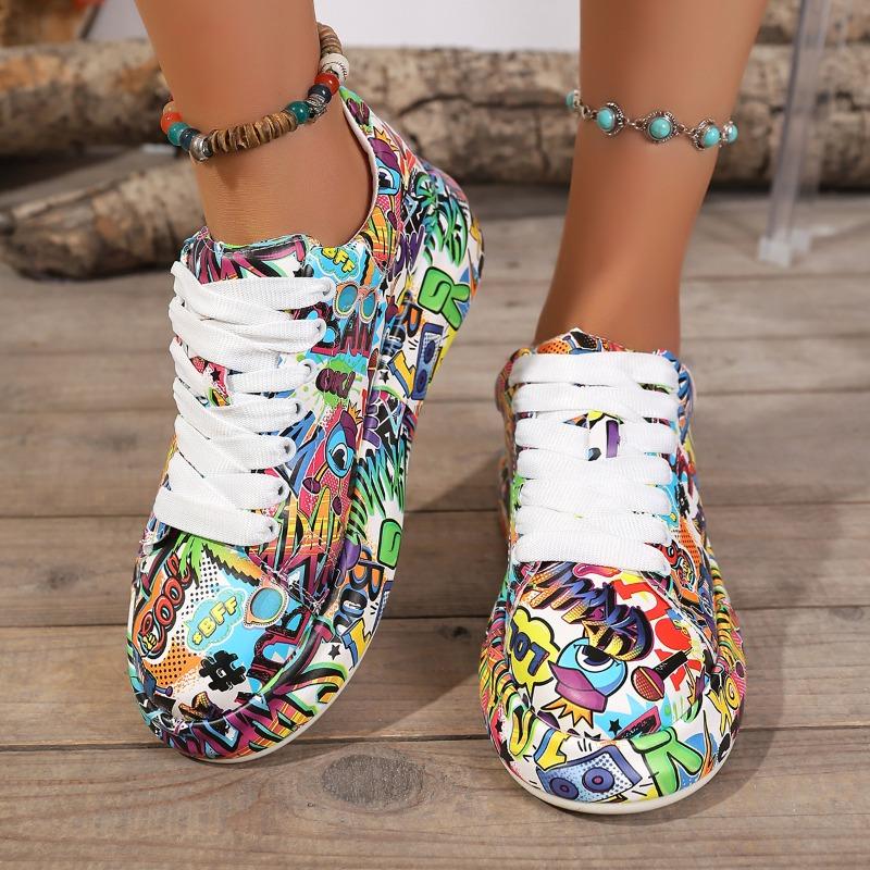 2025 New Arrival Oversized Sneakers with Colorful Letter Prints, Thick Soles, Lace-Up Round Toe, Sporty Style Women's Shoes