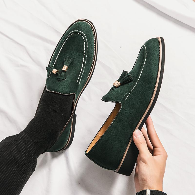 Luxury Designer Men Suede Tassels Blue Green Oxford Brogue Shoes Moccasins Wedding Prom Homecoming Party Footwear Zapatos Hombre