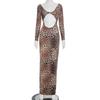 European & American Women's Autumn Leopard Print Hollow Out Long Sleeve Cropped Slim Fit Dress