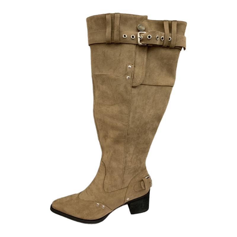 Retro Vacation Style Western Boots Women's Imitation Leather Thick Heel Knight Boots Belt Buckle Pointed Temperament Stacking Boots
