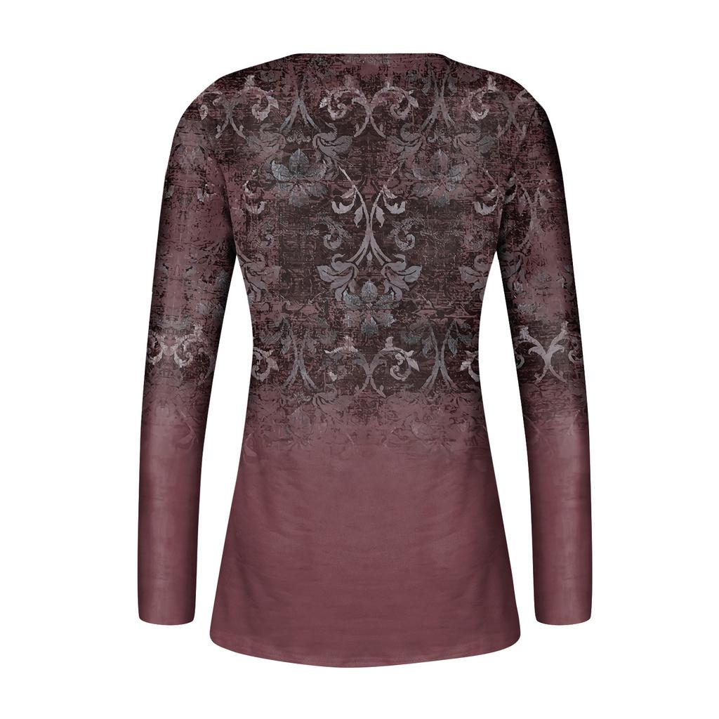 Women's Printed Button Collar Pleated Printed Long Sleeves Holiday Basics Tunic Slim Tops Printed Ethnic Tops T-Shirts V Neck Pullover Tops Pullovers