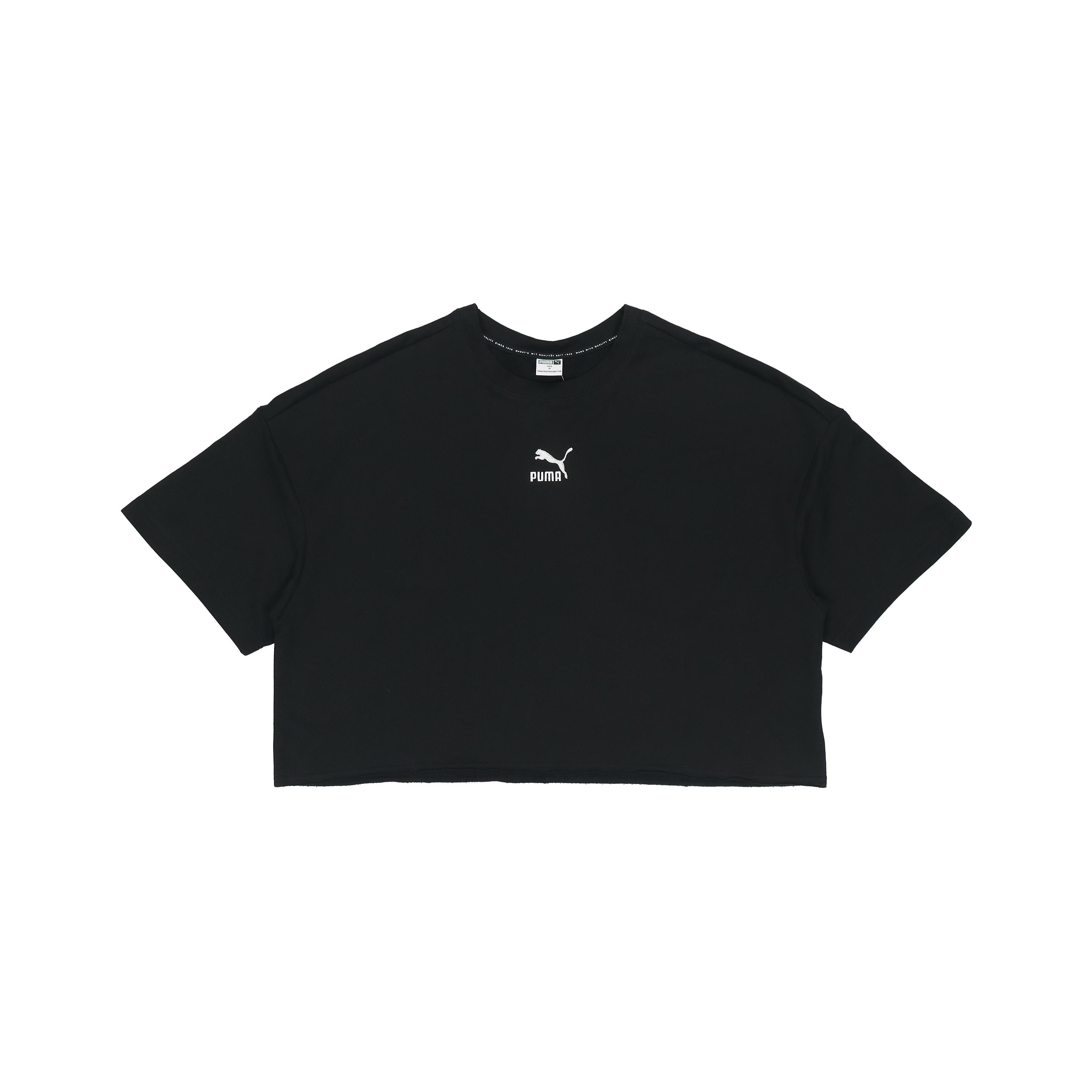 Puma Classics Raw Edge Crew Logo Embroidered Sports Round Neck Short Sleeve T-Shirt Women Tops Black 532639-01 L