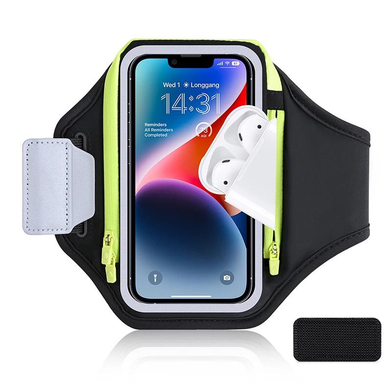 Running Armband with Earphone Bag for iPhone 17 16 15 Max Pro Plus Samsung Phone Holder for Running with Card Slot Key Pockets