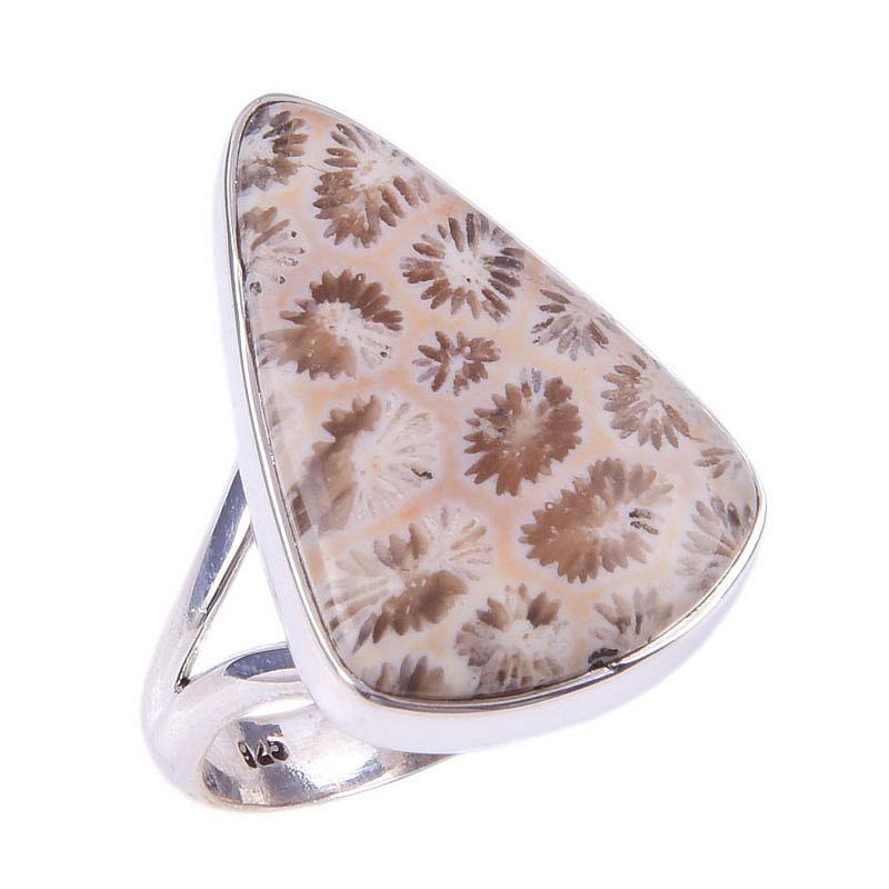 Bague en Argent Sterling Massif 925 Faite à la Main avec Pierre Précieuse Corail Fossile Naturel S.7 Y5R06