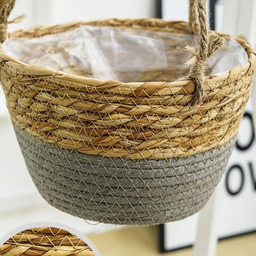 Handwoven Straw Hanging Basket Decorative Waterproof Woven Flower Basket Handmade Macrame Plant Storage Basket Home Decor