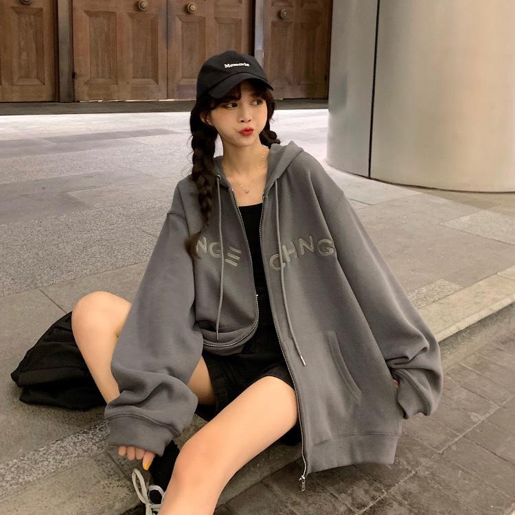 Women's 65% Cotton Embroidered Hooded Sweatshirt - Korean Style Loose Zip-up Jacket (2025 Student Collection)