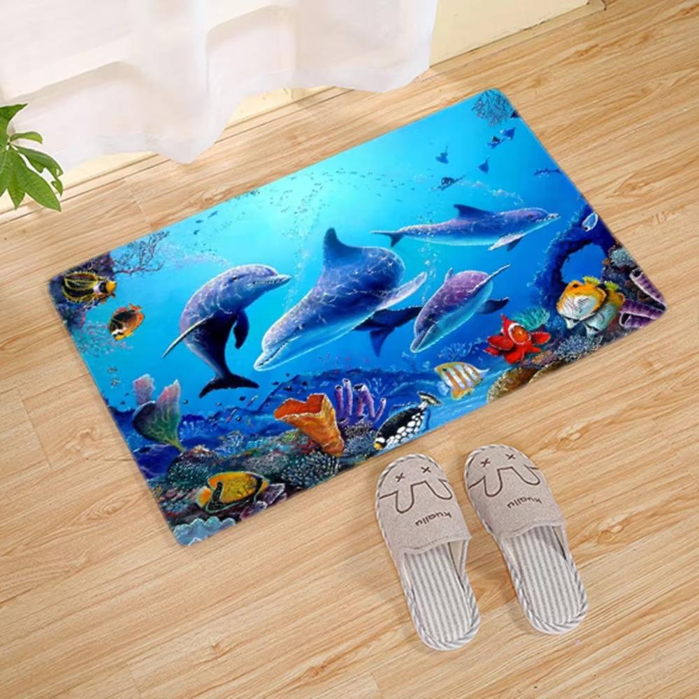 Playful Ocean Theme Doormat Non Slip Washable Entrance Mat With Starfish Shark Motif For Kitchen Home Floor Decor Carpet
