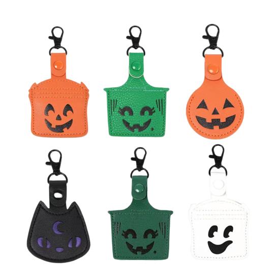 1/6Pcs Positioner Protective Sleeve for AirTag Halloween Themed Pattern Faux Leather Locator Protective Cover with Metal Ring