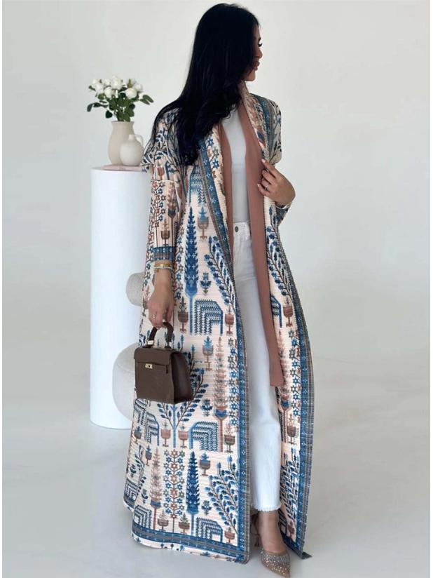 Miyake Pleats Women's High-End Printed Trench Coat Cardigan Muslim Robe