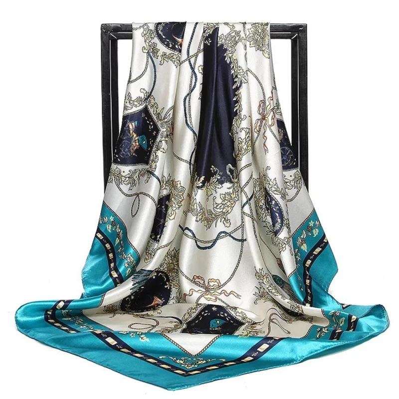 90*90Cm Satin Scarf For Women Cashew Flower Print Chain Scarf Spring And Summer  Style Shawl Scarf For Women   Style