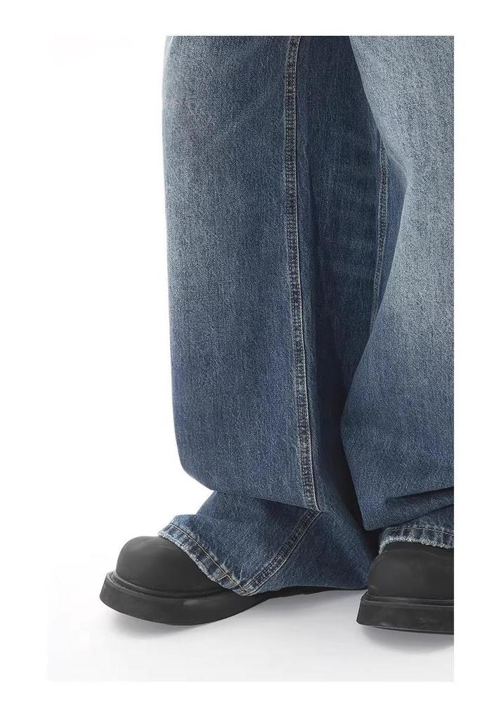 Men's Vintage Washed Wide-Leg Jeans: Retro Straight, Loose Drape, Floor-Length, Spring/Autumn 2025.