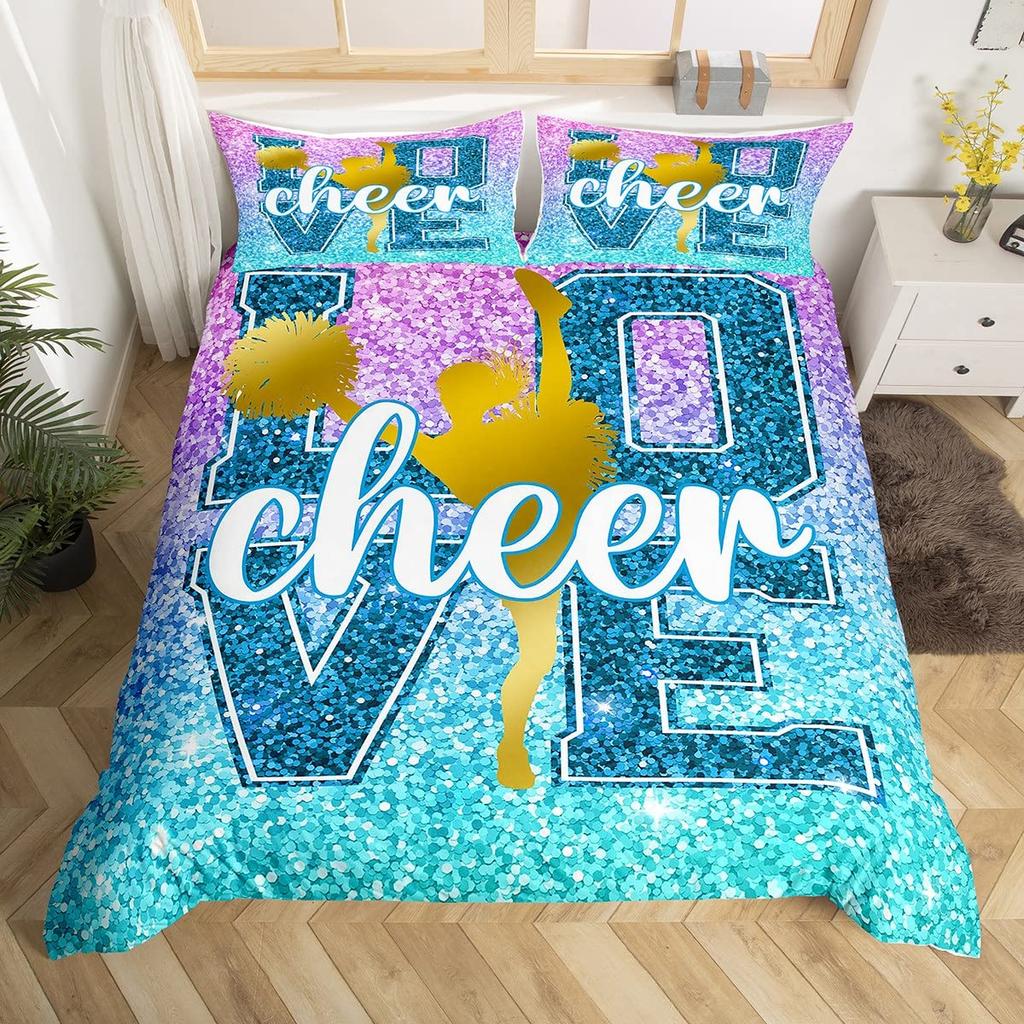 Cheerleading Mädchen Bettbezug-Sets Doppelgröße, Gymnastik Tanz Liebhaber Bettwäsche-Set für Teenagerzimmer Dekor, Aquarell Graffiti Punkte