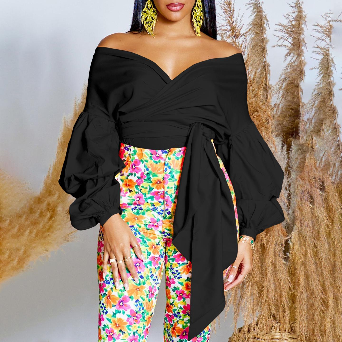 

Летняя мода плюс размер сплошной цвет без бретелек с перекрестными завязками и пузырьковыми рукавами сексуальная женская рубашка с v-образным вырезом 3XL чёрный