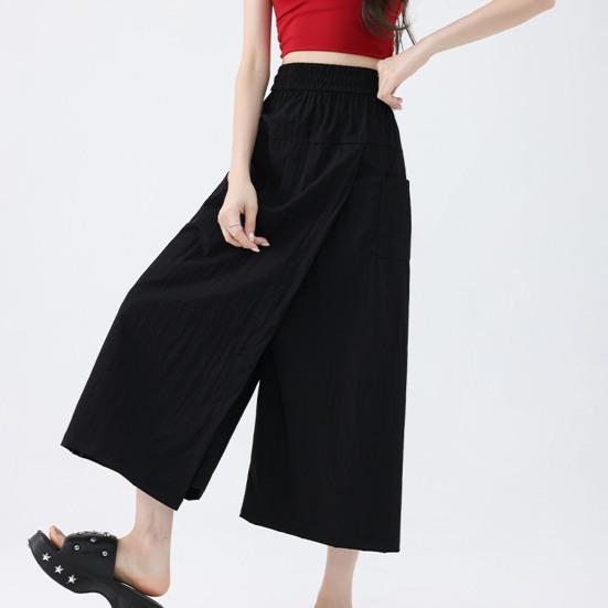 Women Cargo Pants Elastic High Waist Wide-Leg Skirt Pants with Pockets Solid Color Summer Thin Leisure Trousers