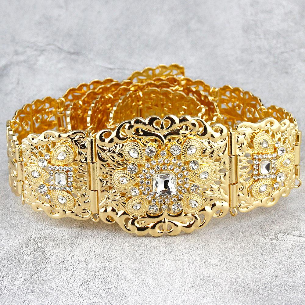 Gold Color Chic Belt Wedding Jewelry For Women Flower Crystal Waist Belt Chain Adjustable Length 2023