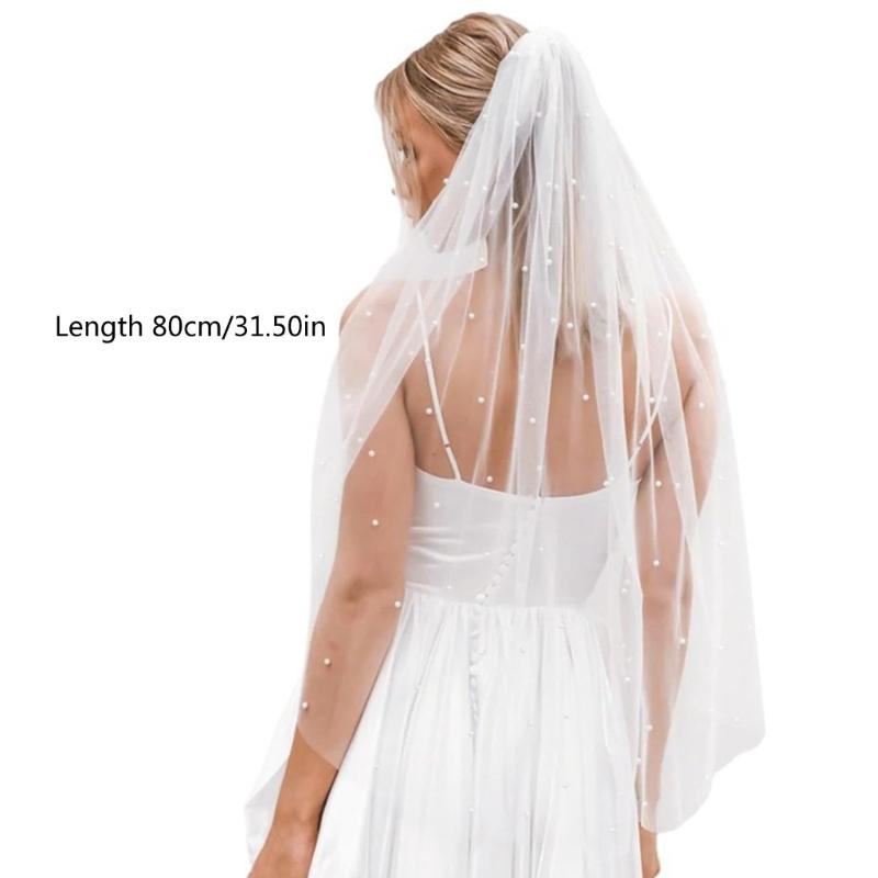 Beadwork Pearls Bridal Veil Soft Tulle Seethrough Head Veil with Easy Wear Hair Comb for Romance Wedding Photography