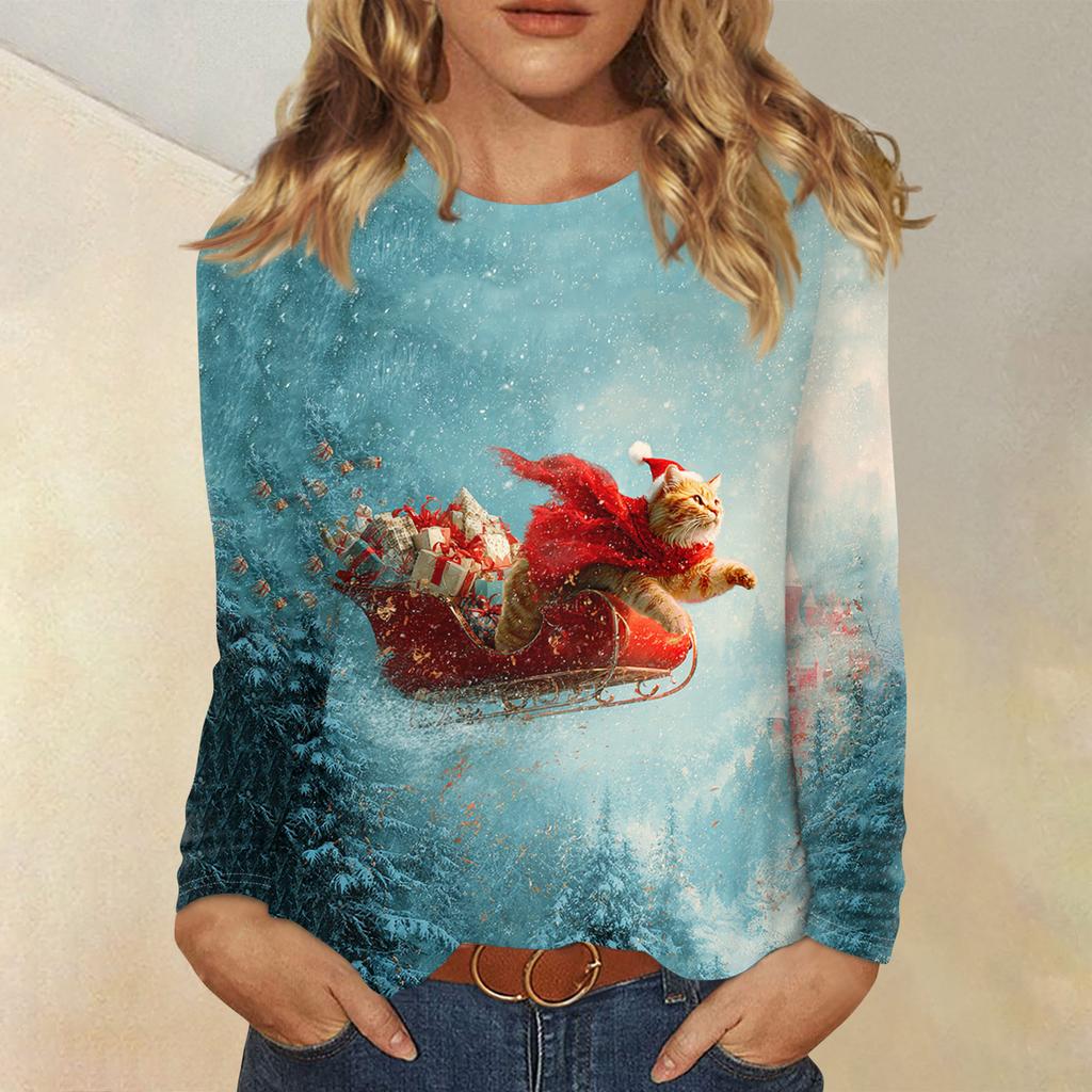 Langermede skjorter for kvinner Søt trykk grafisk t-skjorte Bluser Uformell Pluss størrelse Basic Topper Pullover