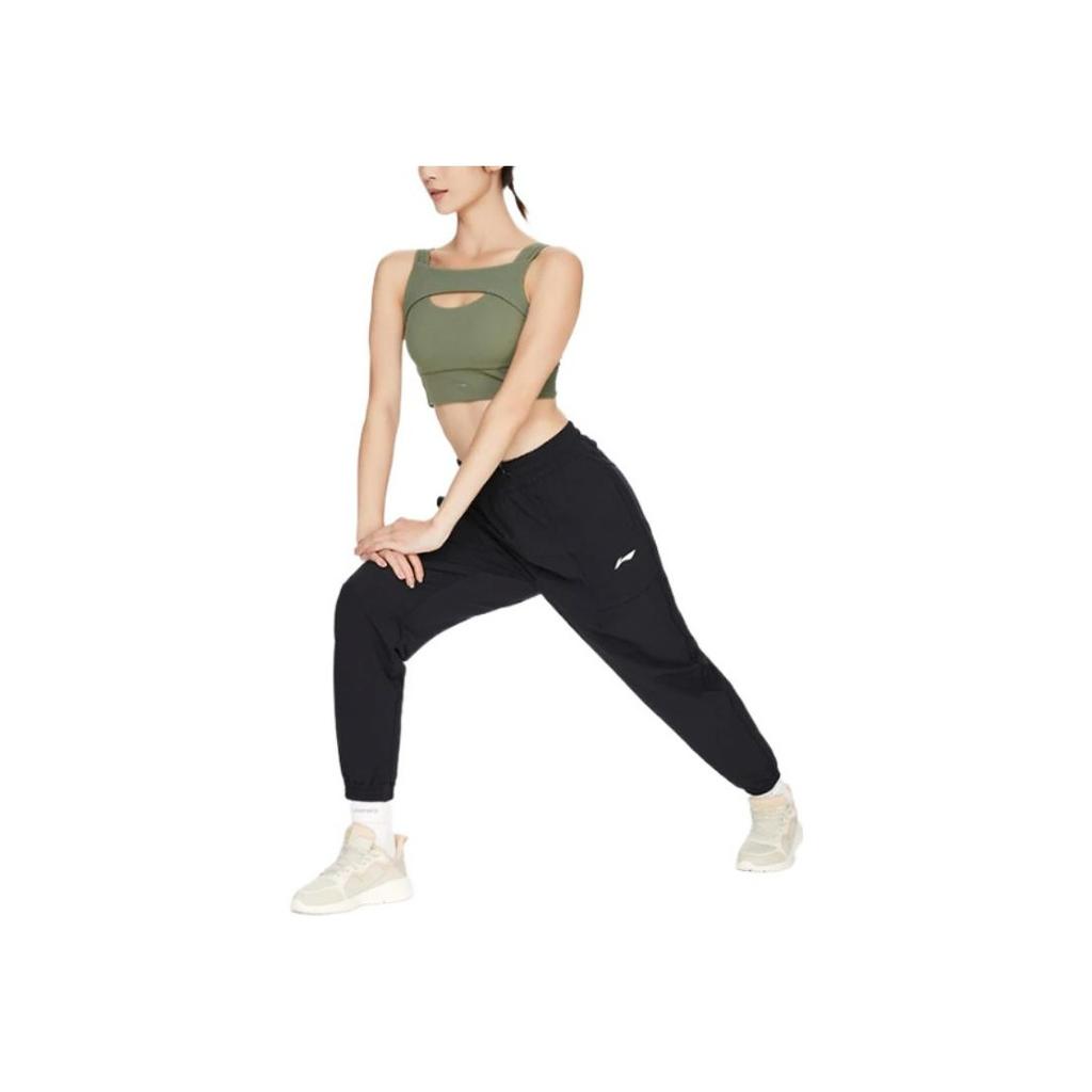 Li Ning Fitness Series Logo Print Cuffed Fleece Loose Sports Pants Women bottoms Black AYKS014-1
