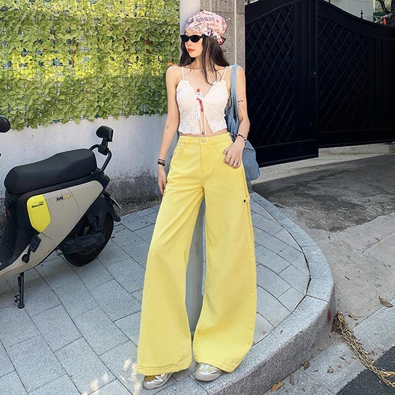 Womens High Waist Yellow Cargo Wide Leg Jeans Casual Loose Flare Denim Trousers Streetwear
