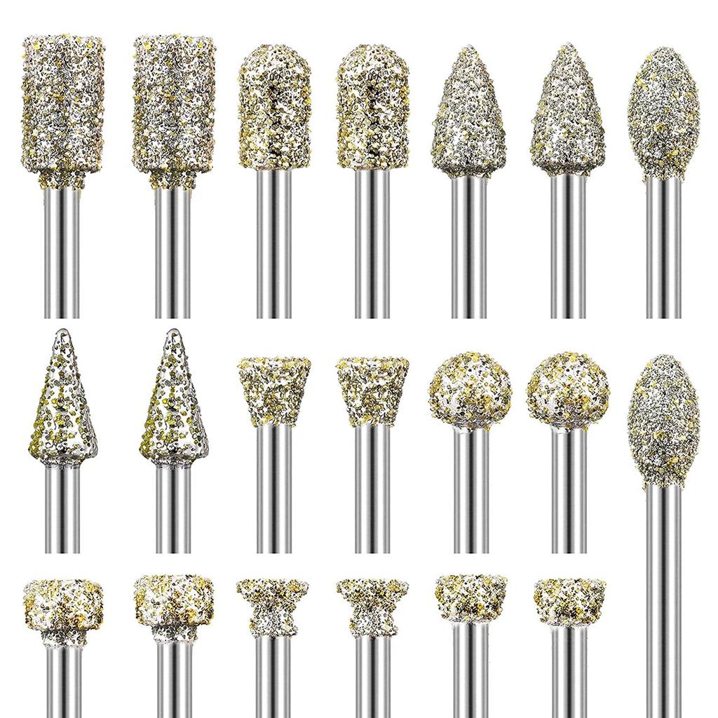 20pcs Diamond Burr Set Rotary Grinding Burrs Drill Bits Set with 1 8 Inch 3mm Shank Stone Carving Accessories Universal