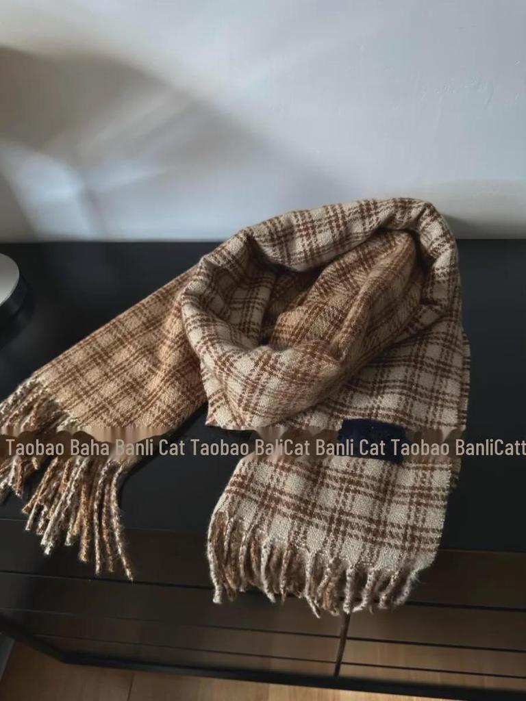 2024 Women's Korean-Style Blue & Brown Plaid Double-Sided Winter Scarf