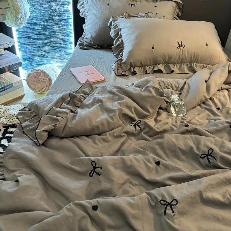 Korean Style Summer Cool Quilt Girl Lace Embroidered Bow Washed Cotton Simple Air Conditioning Quilt 1 pcs Hot Sale