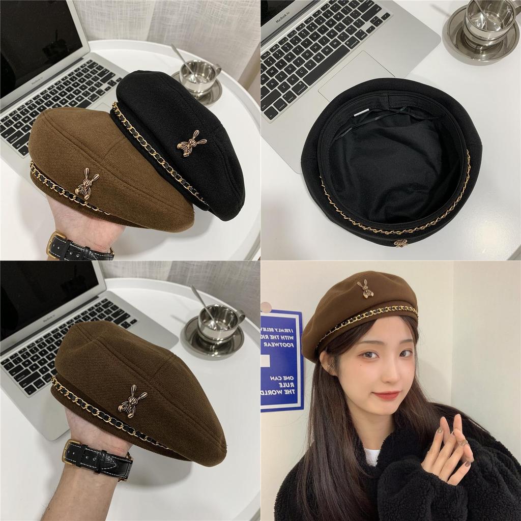 Cute Sweet Beret For Women In Chestnut Brown Or Black With Metal Chain Accent