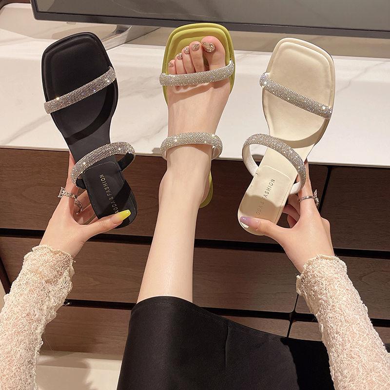 Douyin popular rhinestone high-heeled square head sandals, new open-toed metal thin-heeled one-word sandals in the summer of 2025
