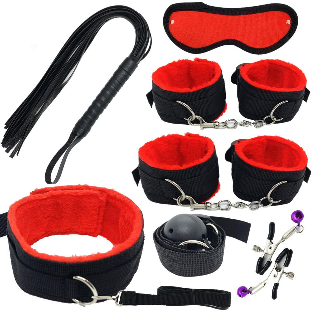 Sexy Nylon BDSM Kit Plush Sex Bondage Set Handcuffs Sex Game Whip Gag Nipple Clip Sex Toy