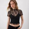 Lace top women's summer perspective thin mesh bottoming shirt Spice girl short-sleeved suspender shirt two-piece set