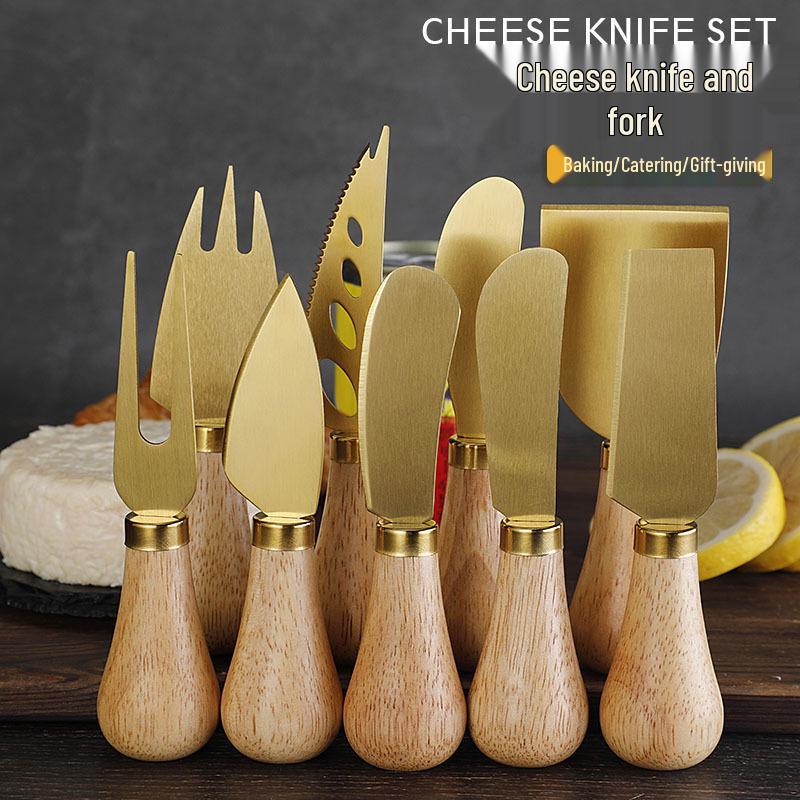 Gold Stainless Steel Cheese Knife Set with Rubber Wood Handle - Includes Cheese Knife, Tableware Knife, and Fork