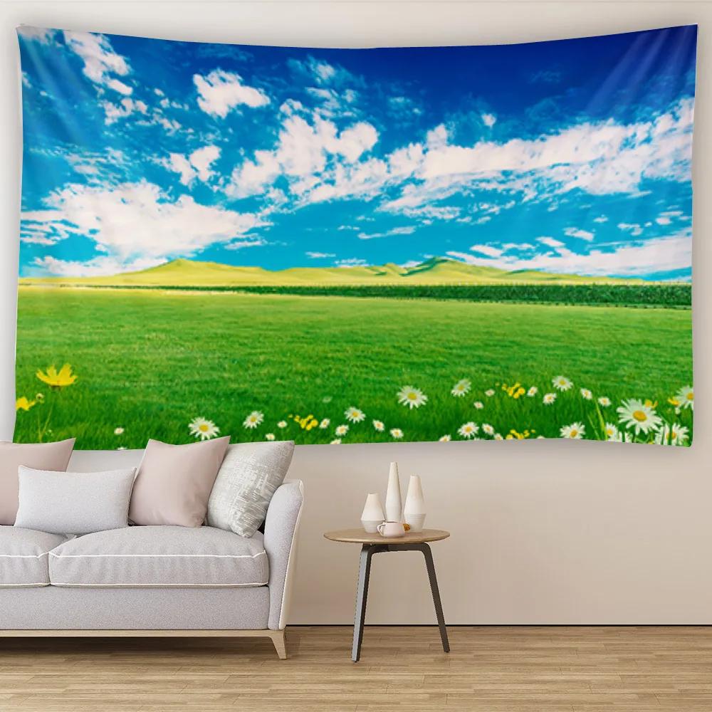 Blanket Curtain Bedroom Living Room Decoration Blue Sky White Cloud Grassland Wall Hanging Tapestry Art